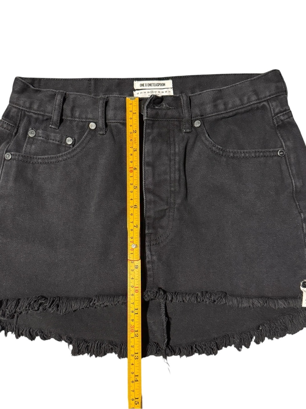 ONE X ONE TEASPOON Black High Rise Distressed Denim Mini Skirt High Low Fray 26 - Picture 7 of 9